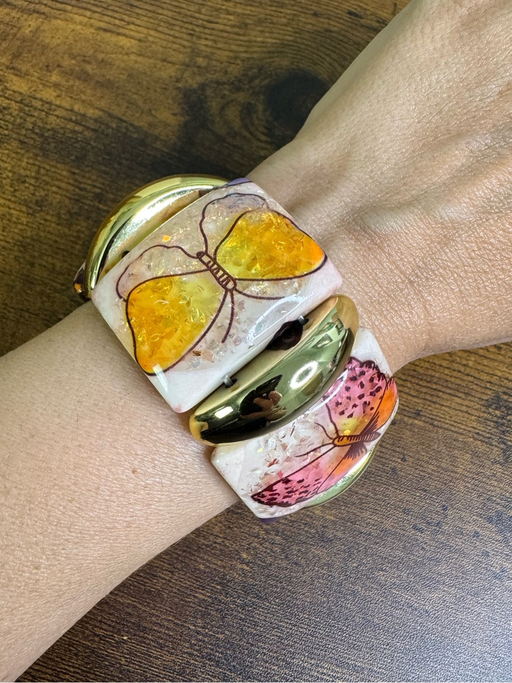 Hand Crafted Butterfly Resin & Gold-Tone Stretch Bracelet - Yellow, Pink